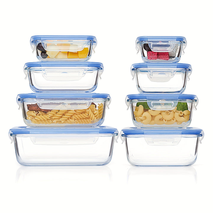 Skanto | 8er-Pack Glas-Lebensmittelbehälter – Luftdichte Meal Prep Bento Boxen mit auslaufsicheren Verschlussdeckeln, Mikrowellen-, Ofen-, Gefrier- & Spülmaschinenfest, BPA-frei