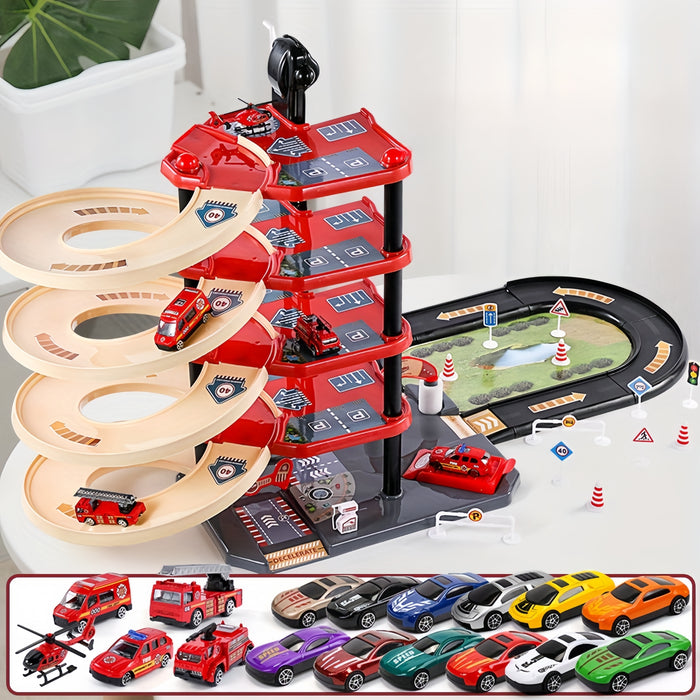 Skanto | FirePark Garagen-Spielset – Mehrstöckige Feuerwache mit Feuerwehrautos und Verkehrsschildern für abenteuerlustige Kinder