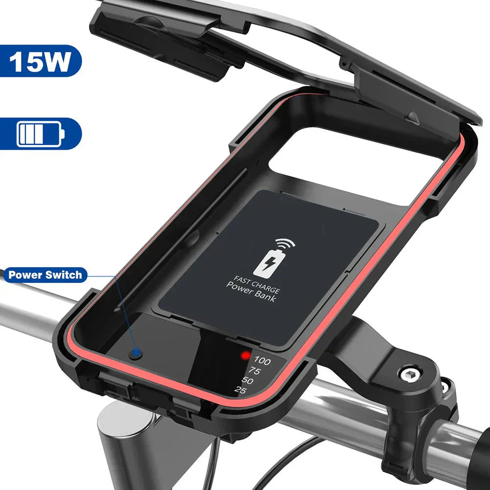 Skanto | RideCharge Pro – Wasserdichte Handyhalterung mit USB und 15W kabelloser Ladefunktion für Fahrrad und E-Bike