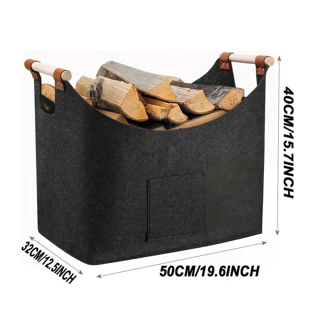 Skanto | Feldura Faltbarer Filz-Brennholzkorb 55 Liter mit Holzgriffen und Lederdetails, Dunkelgrau