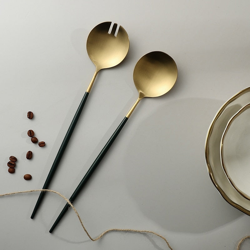 Skanto | Schwarz-Goldenes Salatbesteck und Servierbesteck-Set