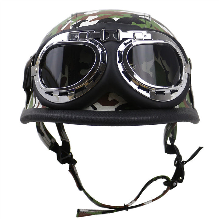 Vintage Leder Motorradhelm mit Brille Skanto