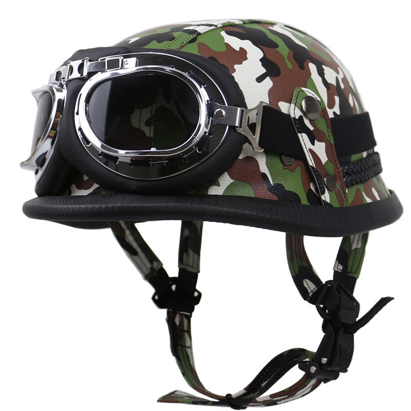 Vintage Leder Motorradhelm mit Brille Skanto