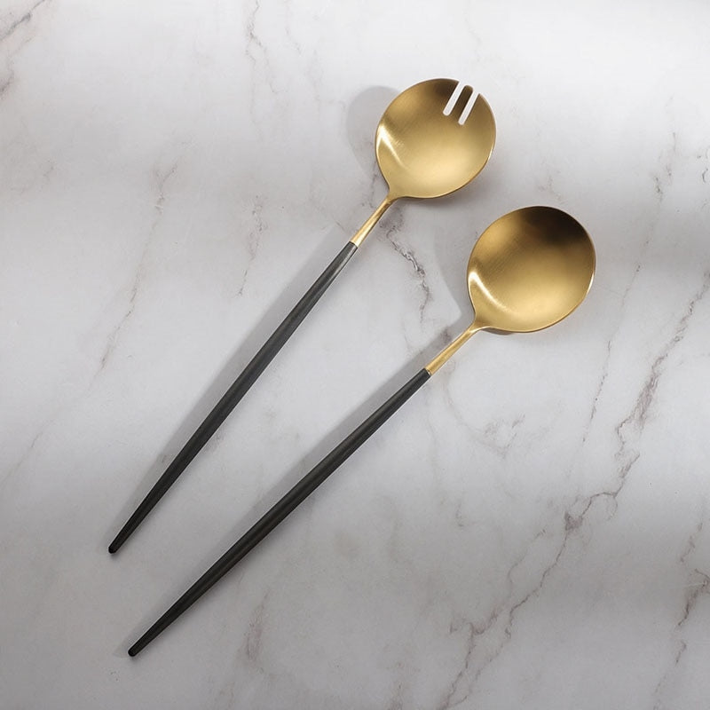 Skanto | Schwarz-Goldenes Salatbesteck und Servierbesteck-Set