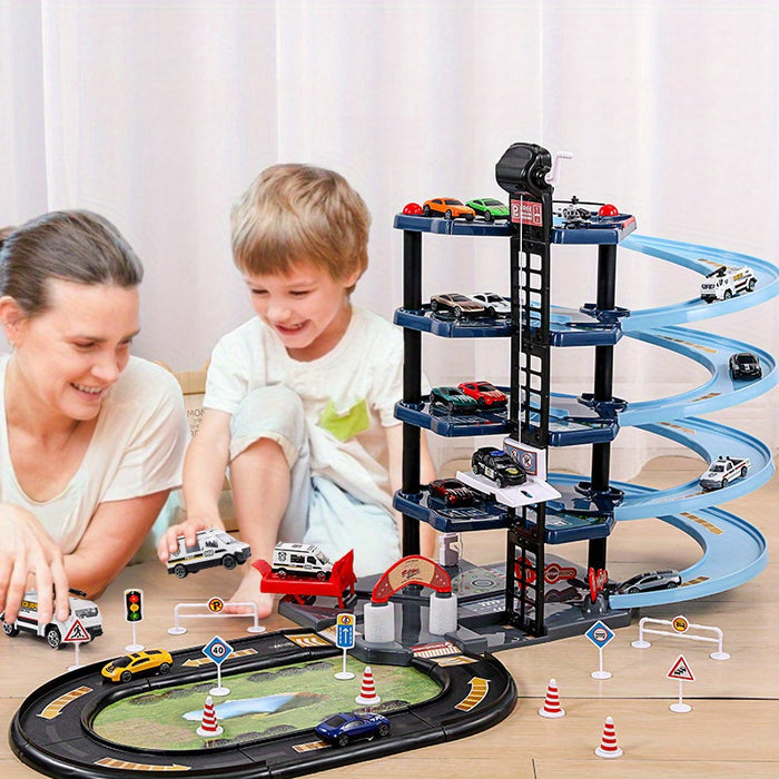 Skanto | FirePark Garagen-Spielset – Mehrstöckige Feuerwache mit Feuerwehrautos und Verkehrsschildern für abenteuerlustige Kinder