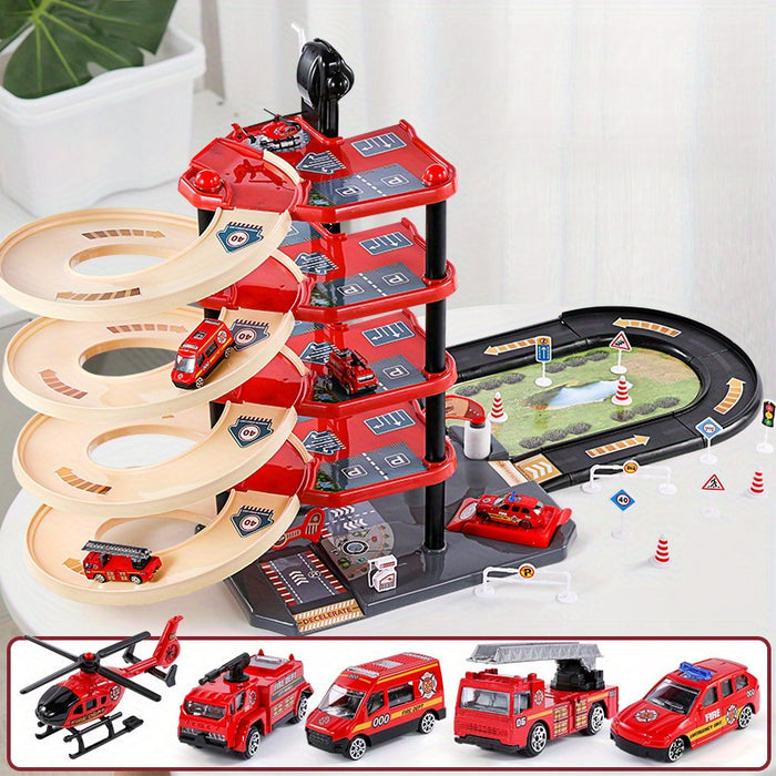 Skanto | FirePark Garagen-Spielset – Mehrstöckige Feuerwache mit Feuerwehrautos und Verkehrsschildern für abenteuerlustige Kinder