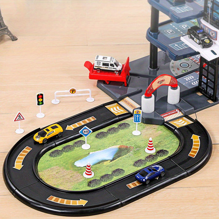 Skanto | FirePark Garagen-Spielset – Mehrstöckige Feuerwache mit Feuerwehrautos und Verkehrsschildern für abenteuerlustige Kinder