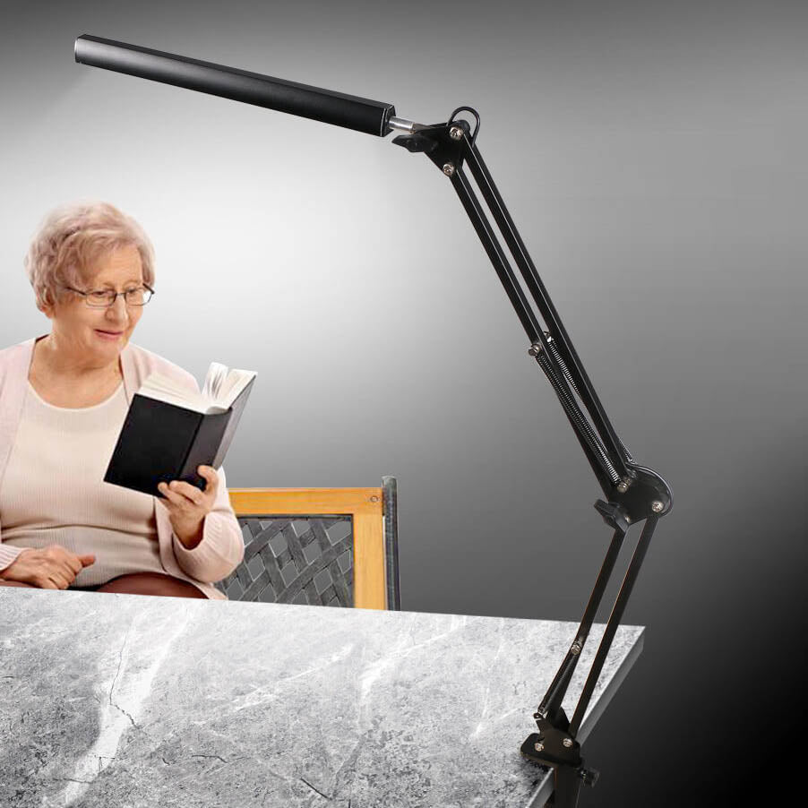 Skanto | LED-Klapp-Leselampe mit langem Arm, Klemme, Augenschutz und USB