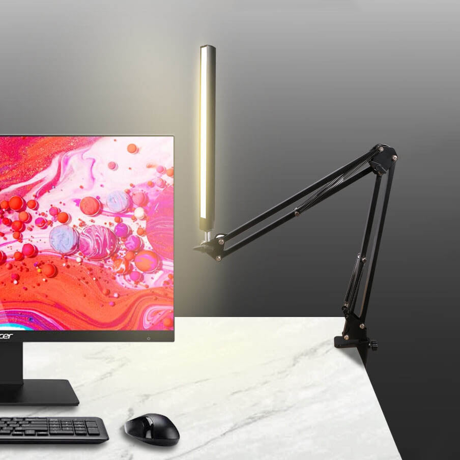Skanto | LED-Klapp-Leselampe mit langem Arm, Klemme, Augenschutz und USB