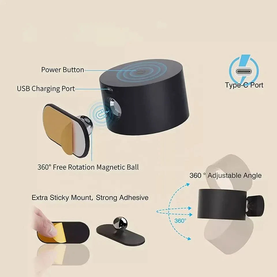 Skanto | 360° Wandleuchte – Kabellos, USB-wiederaufladbar & 3 Lichtstufen für flexible Beleuchtung