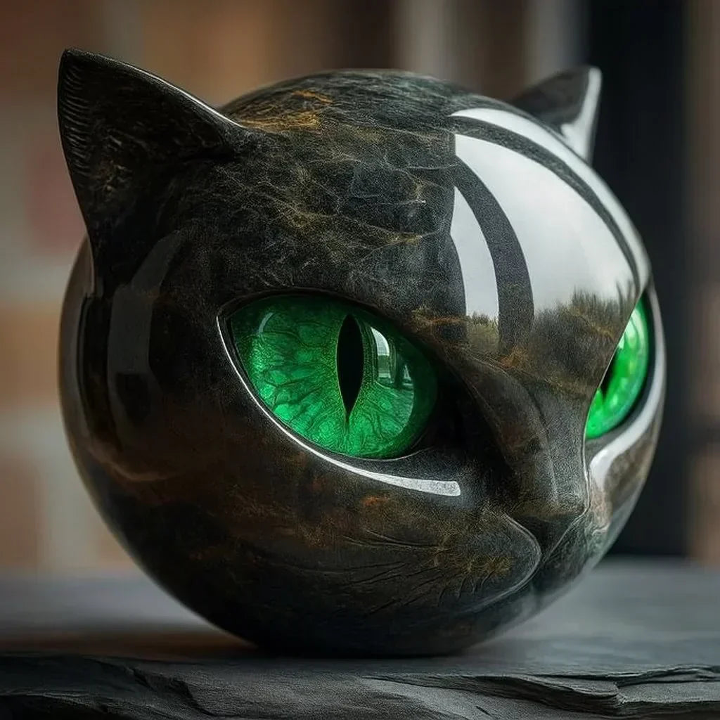 NoirCat Skulptur – Schwarzer Katzenkopf mit hypnotisierenden Augen