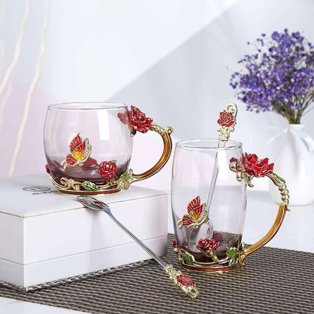 Skanto | Emaille-Rosen-Teetassen-Set aus Glas (mit Löffel)