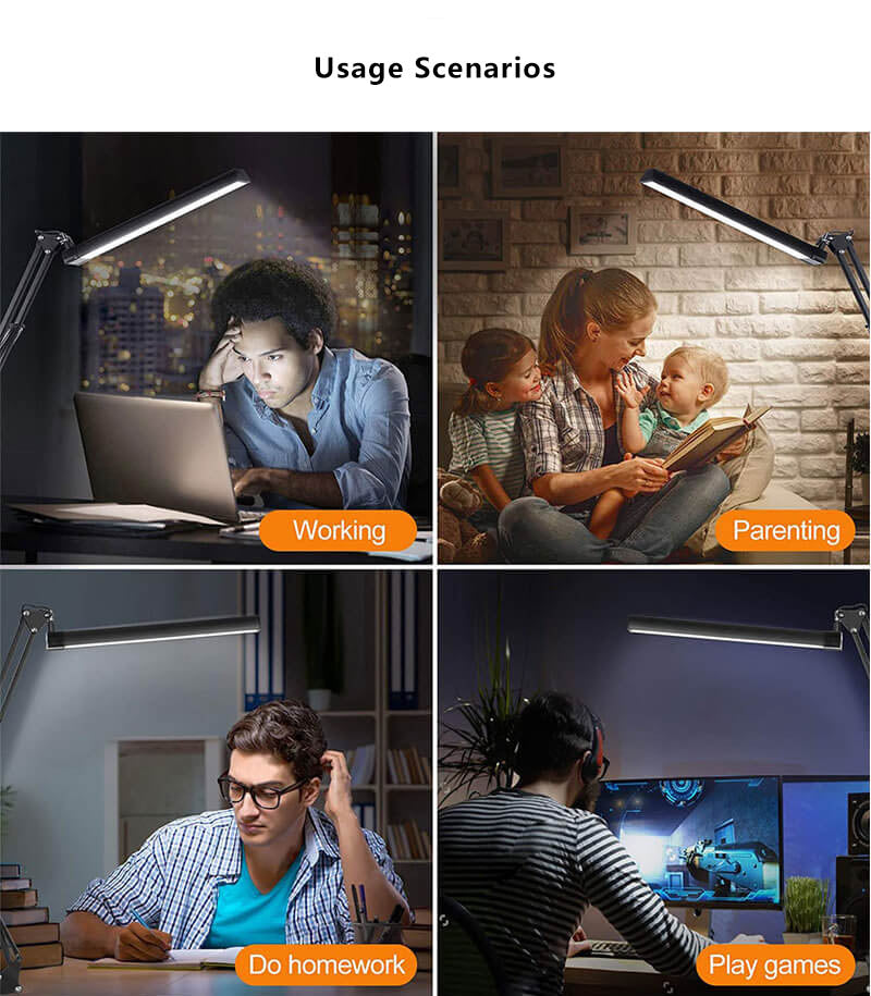 Skanto | LED-Klapp-Leselampe mit langem Arm, Klemme, Augenschutz und USB