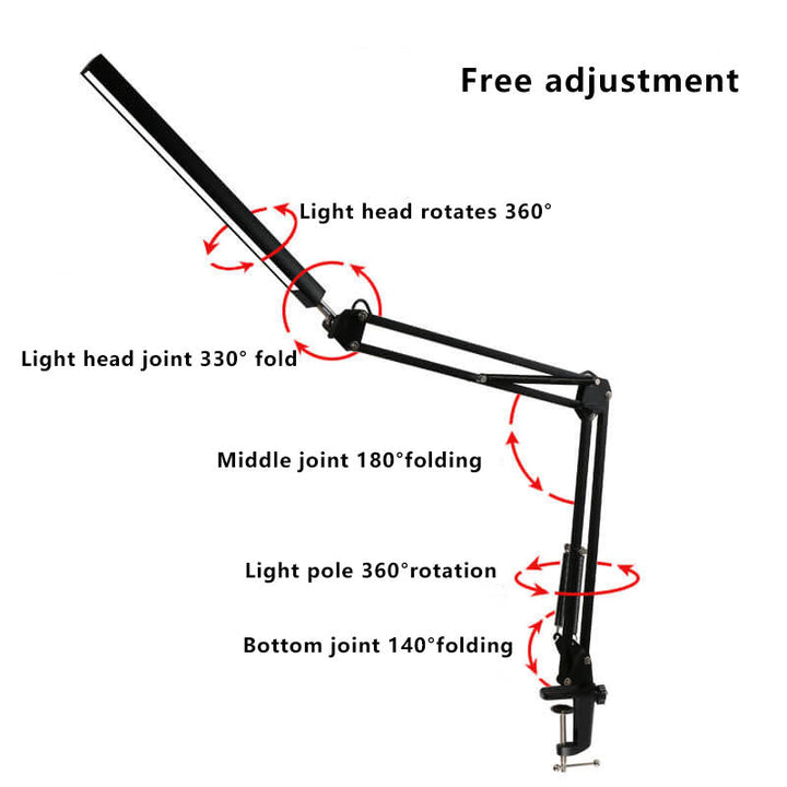Skanto | LED-Klapp-Leselampe mit langem Arm, Klemme, Augenschutz und USB