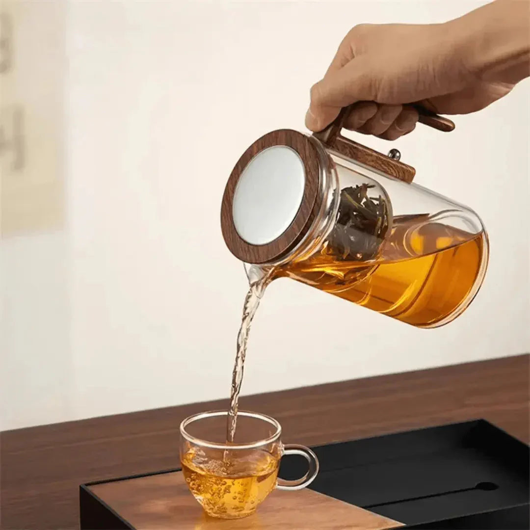 Skanto | Elegante Glas-Teekanne mit Holzgriff – Transparente Teekanne für Teegenuss