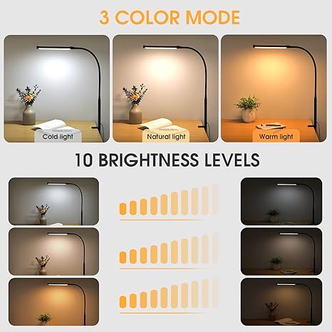 Skanto | LED-Schreibtischlampe mit Klemme, flexiblem Schwanenhals & 3 Lichtmodi