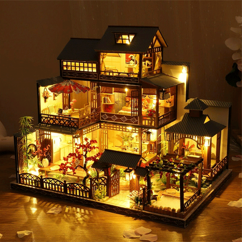 Skanto | Großes realistisches Puppenhaus | DIY Holzmodell mit LED | Bauernhaus-Stil