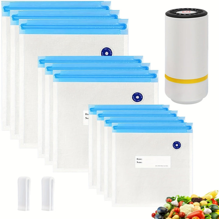 Skanto | Handheld Elektrisches Vakuumiergerät mit Vakuum-Aufbewahrungsbeuteln – Inklusive 3 Größen (4x8,5", 3x11", 3x13,5"), Vakuum-Reißverschlussbeutel und Elektropumpe