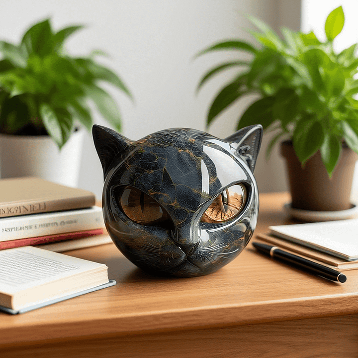 Skanto | NoirCat Skulptur – Schwarzer Katzenkopf mit hypnotischen Augen