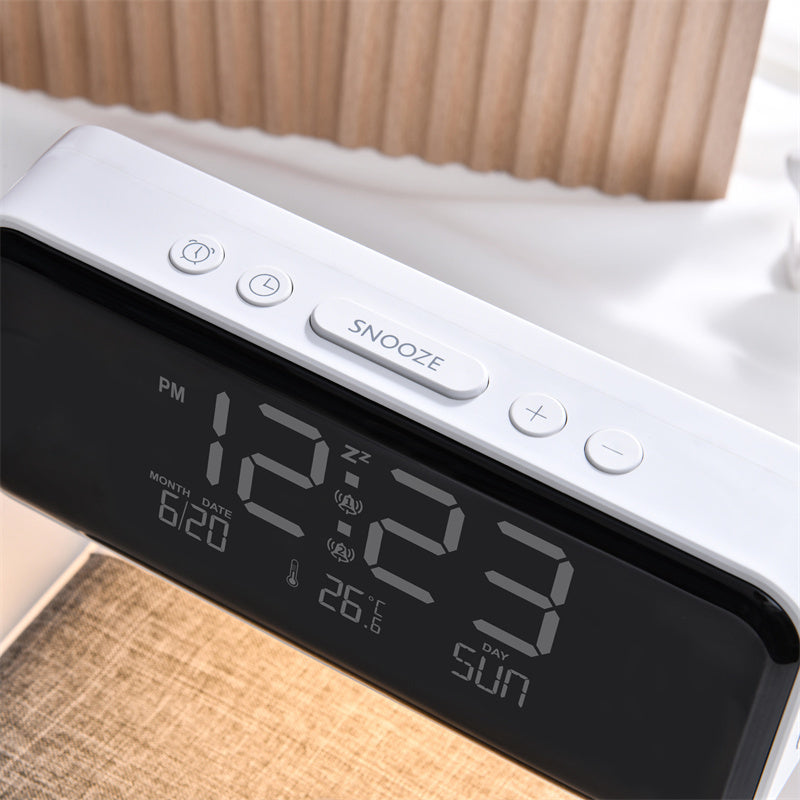 Skanto | 3-in-1 Nachttischlampe mit kabellosem Ladegerät – LCD Wecker & Touch dimmbare LED Schreibtischlampe