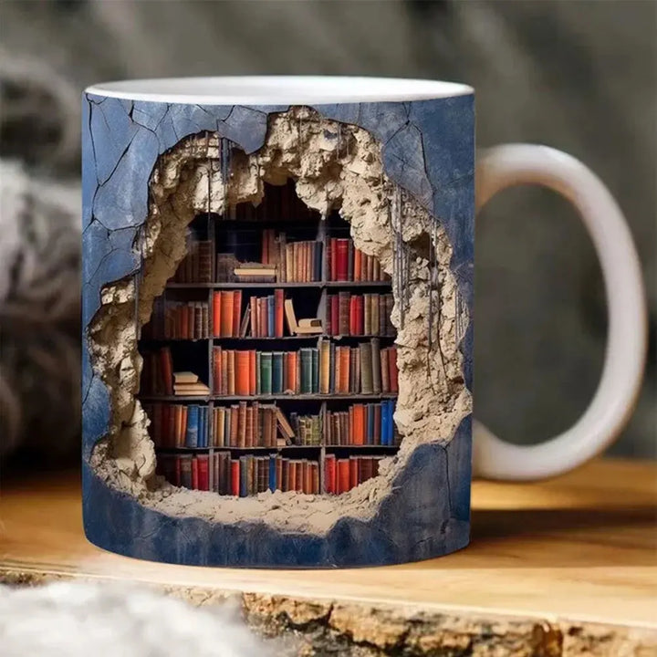 Skanto | Bücherregal-Tasse – 3D Keramik-Kaffeetasse für Buchliebhaber