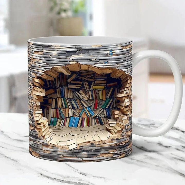 Skanto | Bücherregal-Tasse – 3D Keramik-Kaffeetasse für Buchliebhaber