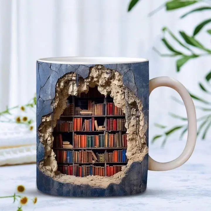 Skanto | Bücherregal-Tasse – 3D Keramik-Kaffeetasse für Buchliebhaber