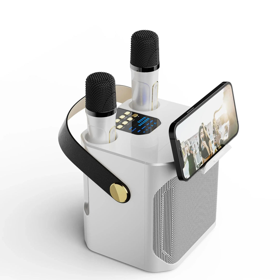 Skanto | Karaoke Bluetooth Lautsprecher | 360° Surround Sound, zwei Mikrofone & tragbar für Partys und Outdoor-Treffen