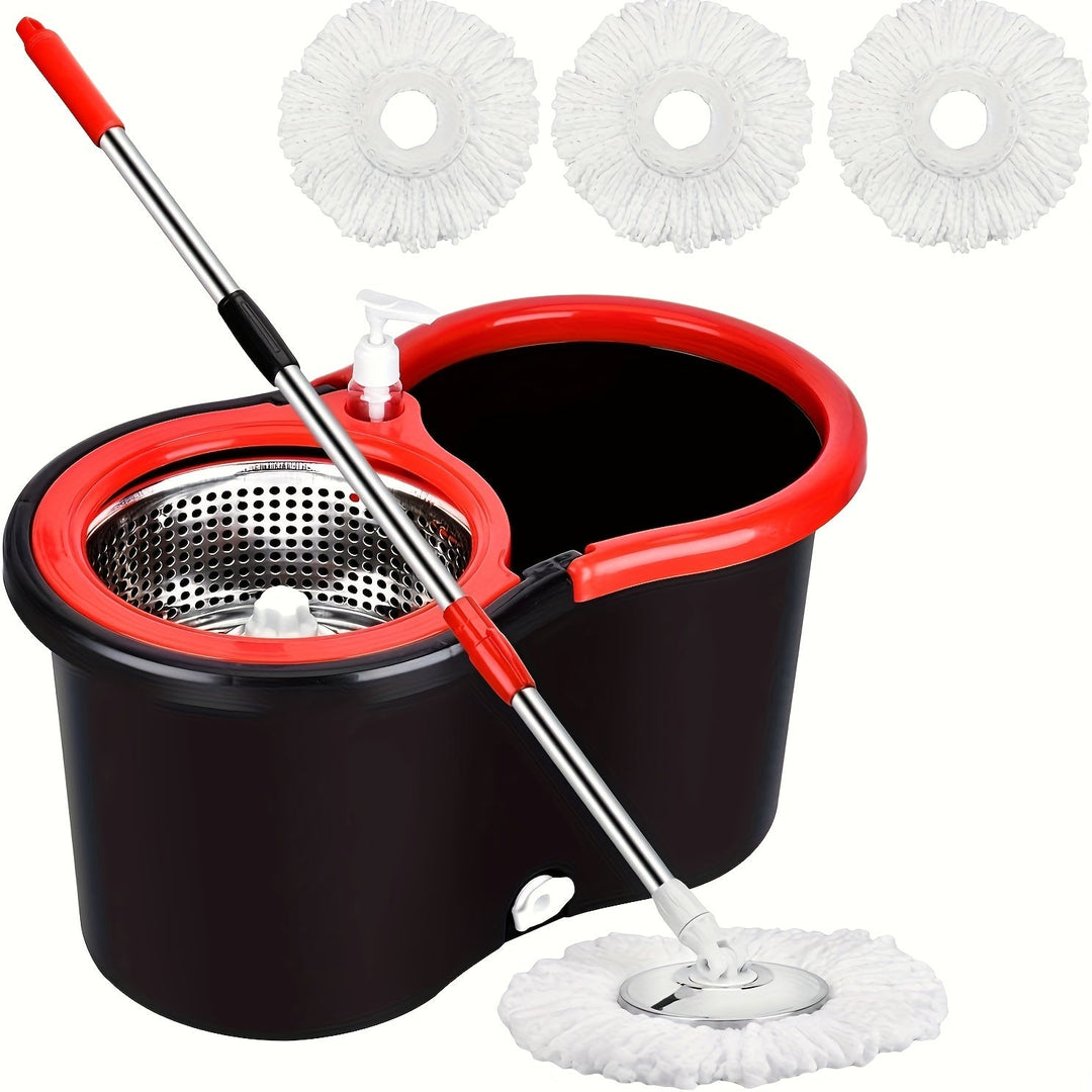 Skanto | Wischmopp- und Eimersystem mit Wringer – 360° rotierendes Moppsystem, inklusive 3 Mikrofaser-Moppköpfen und 61" verstellbarem Edelstahlgriff – Ideal für die Bodenreinigung in Bädern und Schulen
