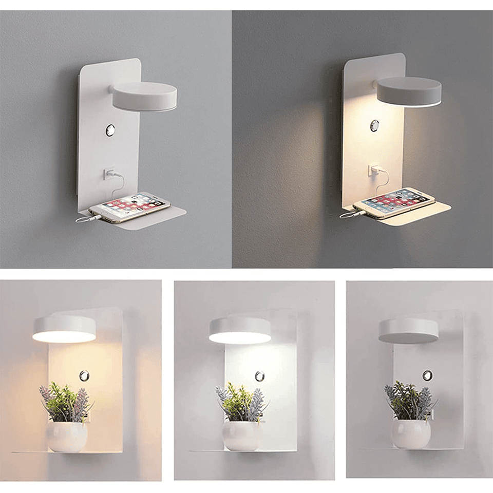 Skanto | LED-Wandlampe mit Ablage | Sanftes Licht, modernes Design & ideal zur Schaffung einer festlichen Atmosphäre im Schlafzimmer