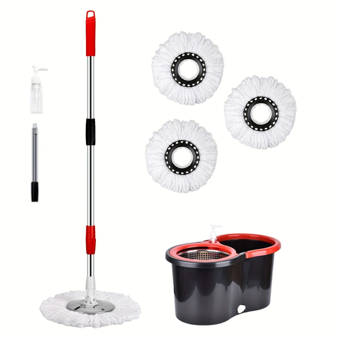 Skanto | Wischmopp- und Eimersystem mit Wringer – 360° rotierendes Moppsystem, inklusive 3 Mikrofaser-Moppköpfen und 61" verstellbarem Edelstahlgriff – Ideal für die Bodenreinigung in Bädern und Schulen