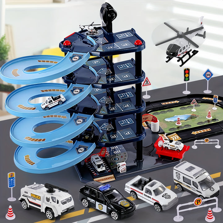 Skanto | FirePark Garagen-Spielset – Mehrstöckige Feuerwache mit Feuerwehrautos und Verkehrsschildern für abenteuerlustige Kinder