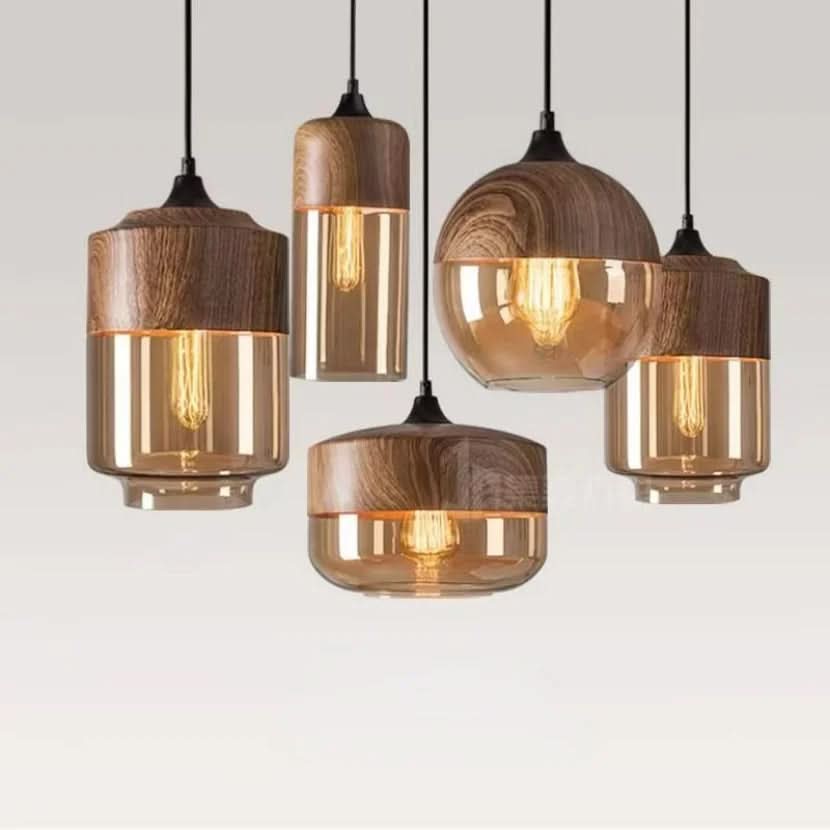 Skanto | Mundgeblasene Glas- & Holz-Pendelleuchte, verstellbar