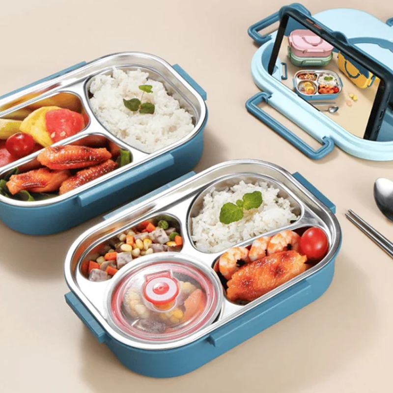 Skanto | Edelstahl-Lunchbox – Innenraum aus Edelstahl – 3 oder 4 Fächer mit Suppenschale – Wanduhr