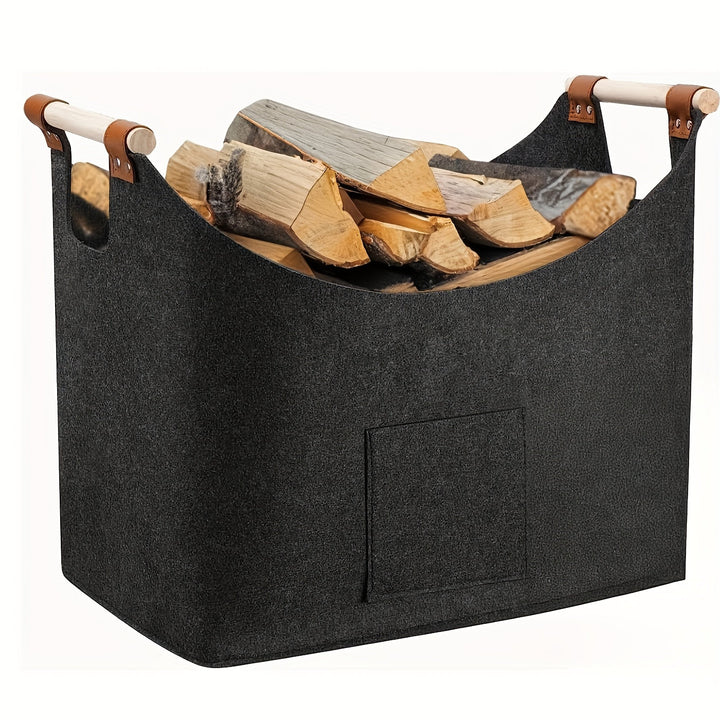Skanto | Feldura Faltbarer Filz-Brennholzkorb 55 Liter mit Holzgriffen und Lederdetails, Dunkelgrau