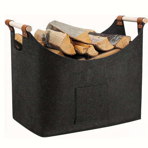 Skanto | Feldura Faltbarer Filz-Brennholzkorb 55 Liter mit Holzgriffen und Lederdetails, Dunkelgrau