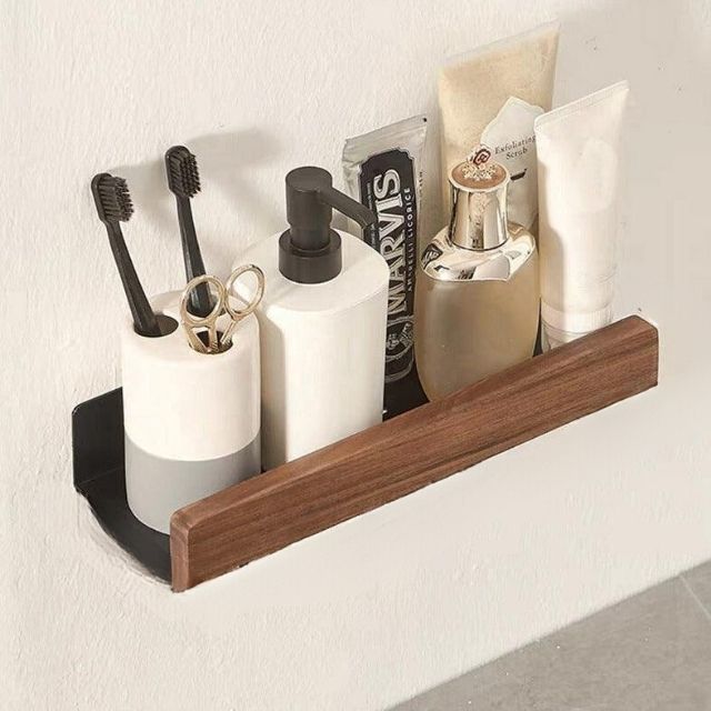 Skanto | Badezimmerregal aus Massivholz – Wandmontierter Bad-Organizer ohne Bohren