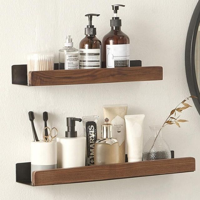 Skanto | Badezimmerregal aus Massivholz – Wandmontierter Bad-Organizer ohne Bohren