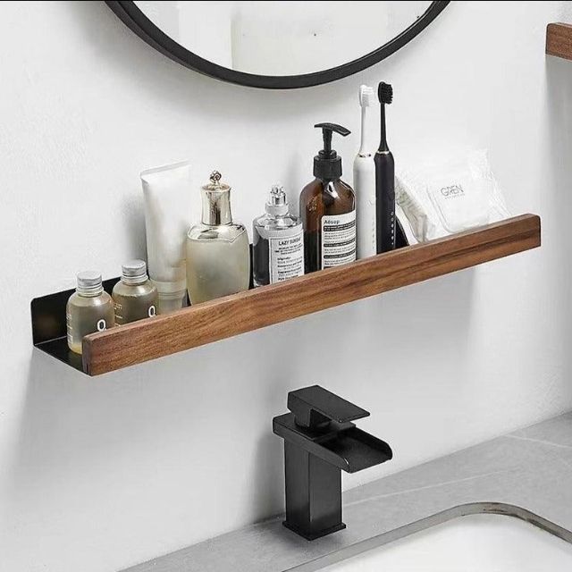 Skanto | Badezimmerregal aus Massivholz – Wandmontierter Bad-Organizer ohne Bohren