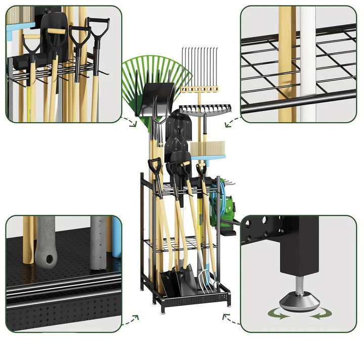 Skanto | Robuster Gartenständer aus schwarzem Metall – Langlebiger Outdoor-Werkzeug- und Schlauch-Organizer