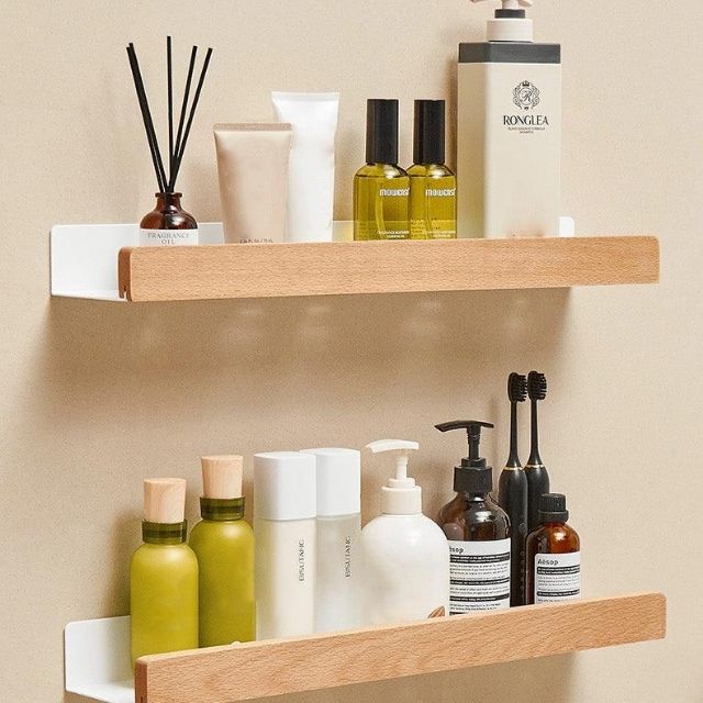 Skanto | Badezimmerregal aus Massivholz – Wandmontierter Bad-Organizer ohne Bohren