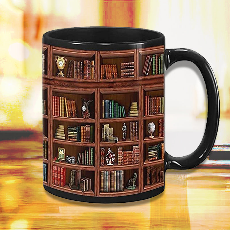Skanto | Bücherregal Keramik-Kaffeetasse – Geschenk für Katzen- und Buchliebhaber