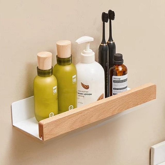 Skanto | Badezimmerregal aus Massivholz – Wandmontierter Bad-Organizer ohne Bohren