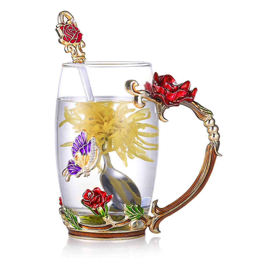 Skanto | Emaille-Rosen-Teetassen-Set aus Glas (mit Löffel)