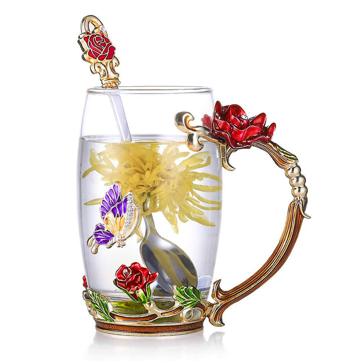 Skanto | Emaille-Rosen-Teetassen-Set aus Glas (mit Löffel)