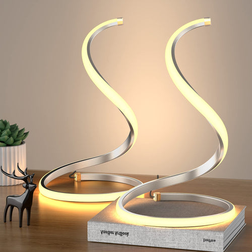 Skanto | Nuür Stufenlos dimmbare silberne Tischlampen im 2er-Set - Geschwungene Kunst-Nachttischbeleuchtung für das Schlafzimmer