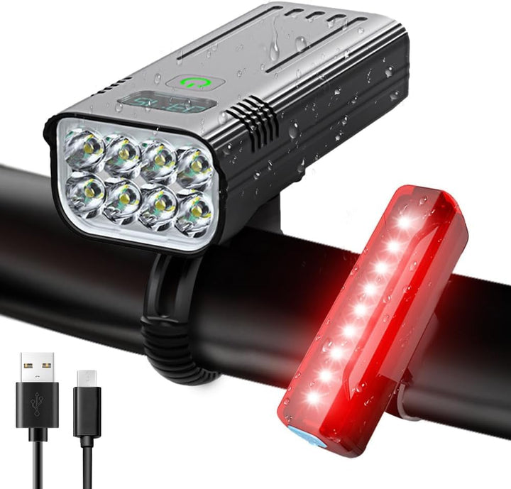 Skanto | Victoper 8000 Lumen Fahrradlicht-Set, 8 LED USB wiederaufladbare Front- & Rücklichter, Mattschwarz