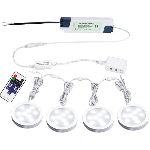 Skanto | Aiboo Verbindbare LED Unterbauleuchten, fest verdrahtet 12V, schlankes Aluminium, dimmbare Puck-Leuchten mit Fernbedienung für Schrankbeleuchtung (4 Leuchten, Tageslichtweiß, ohne Wandstecker)