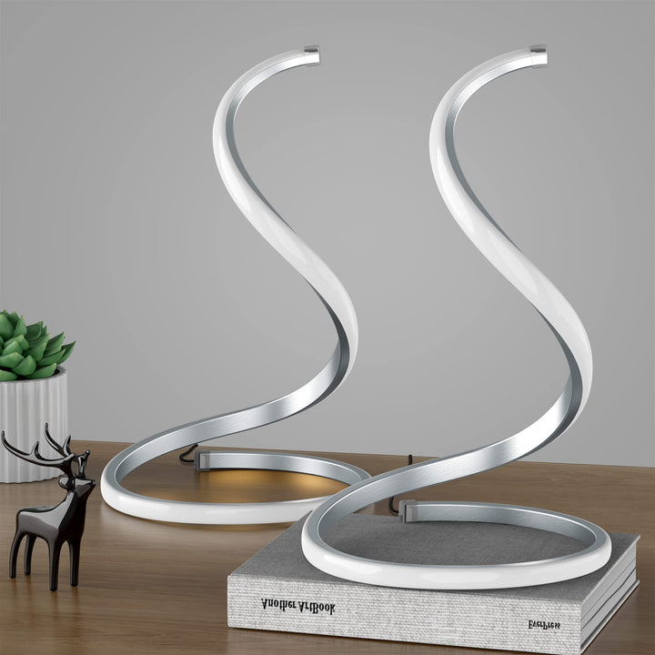 Skanto | Nuür Stufenlos dimmbare silberne Tischlampen im 2er-Set - Geschwungene Kunst-Nachttischbeleuchtung für das Schlafzimmer