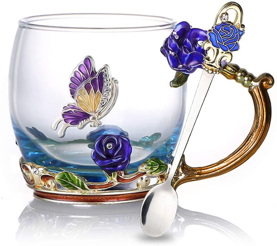 Skanto | Emaille-Rosen-Teetassen-Set aus Glas (mit Löffel)